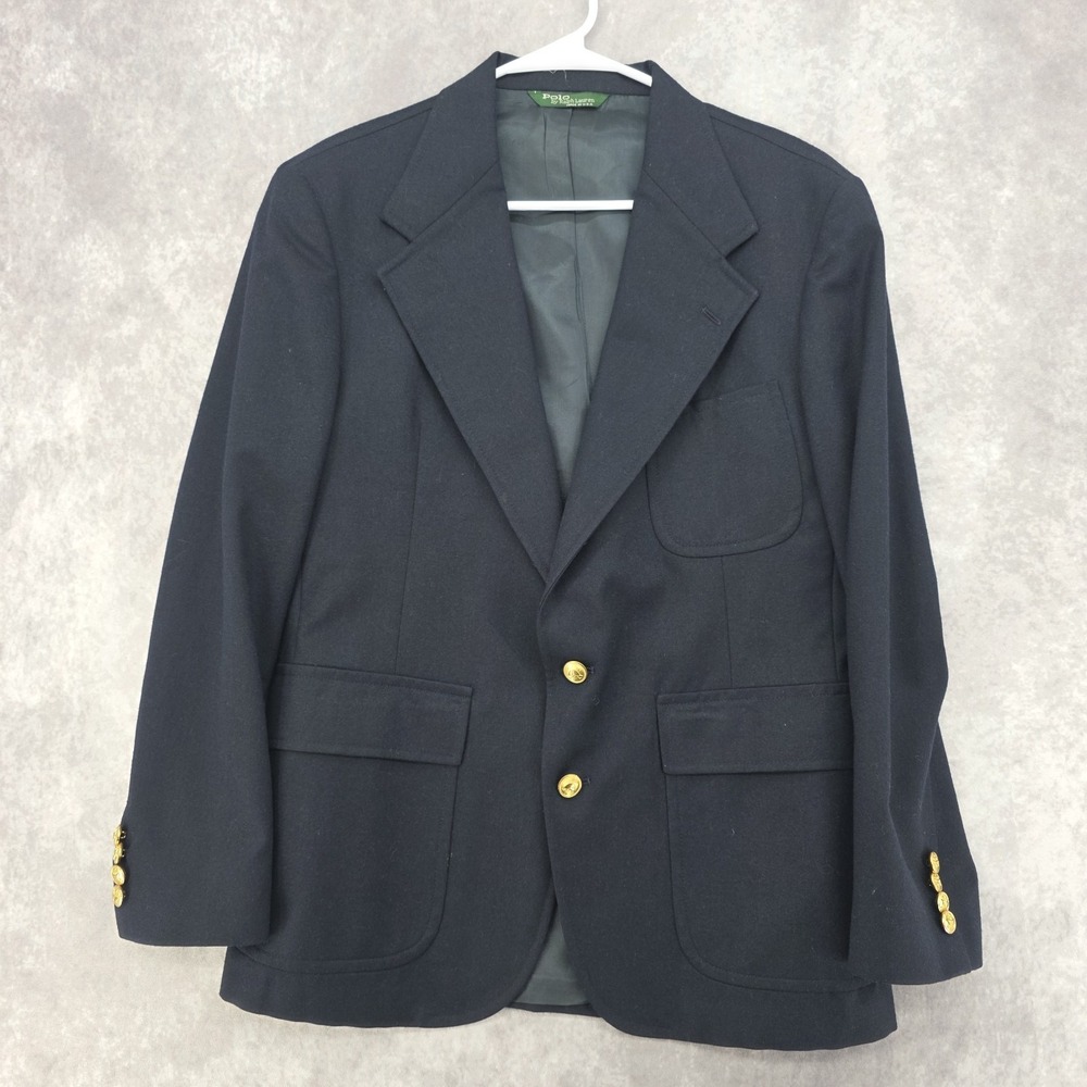 VTG Polo Ralph Lauren Navy Blue Blazer Gold Crest Buttons Made In USA Wool